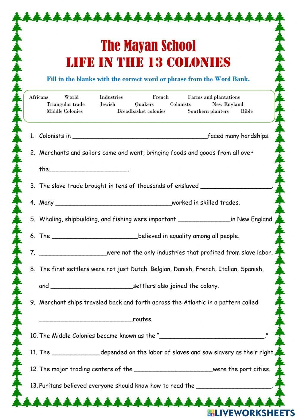 Life In The Thirteen Colonies Worksheet Live Worksheets Worksheets 