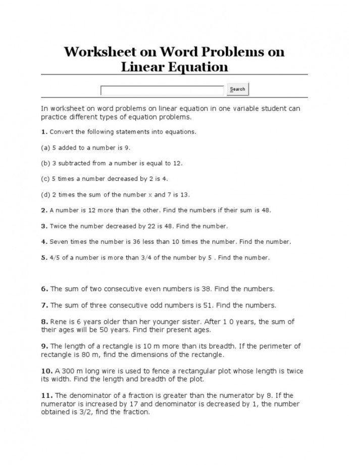 Linear Equations Word Problems Worksheet Pdf Printable PDF Template