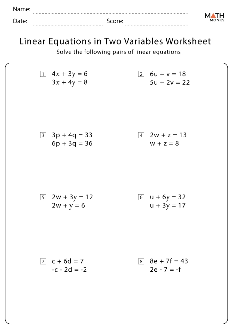 Linear Equations Worksheets With Answer Key