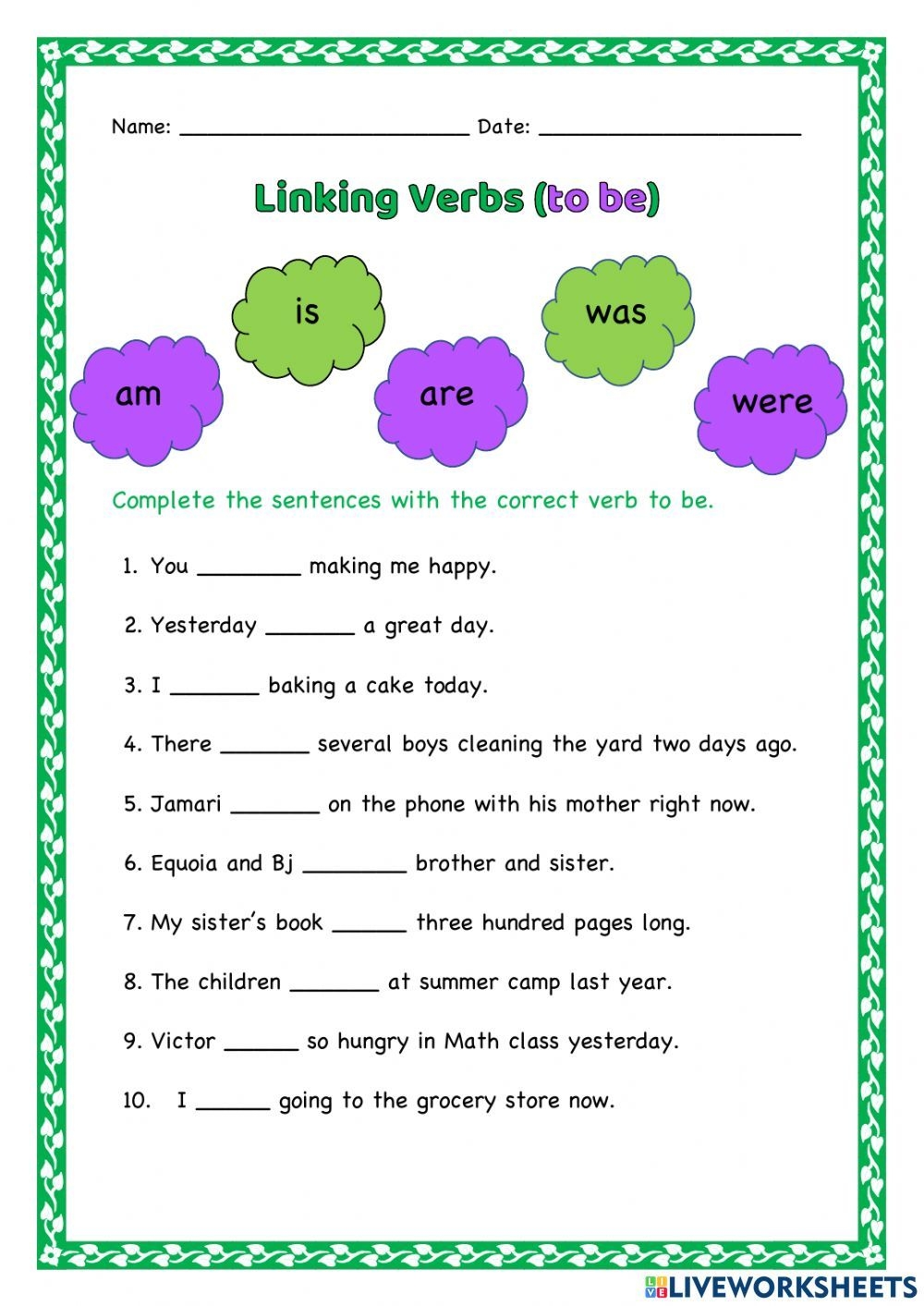 Linking Verbs to Be Worksheet Linking Verbs Linking Verbs