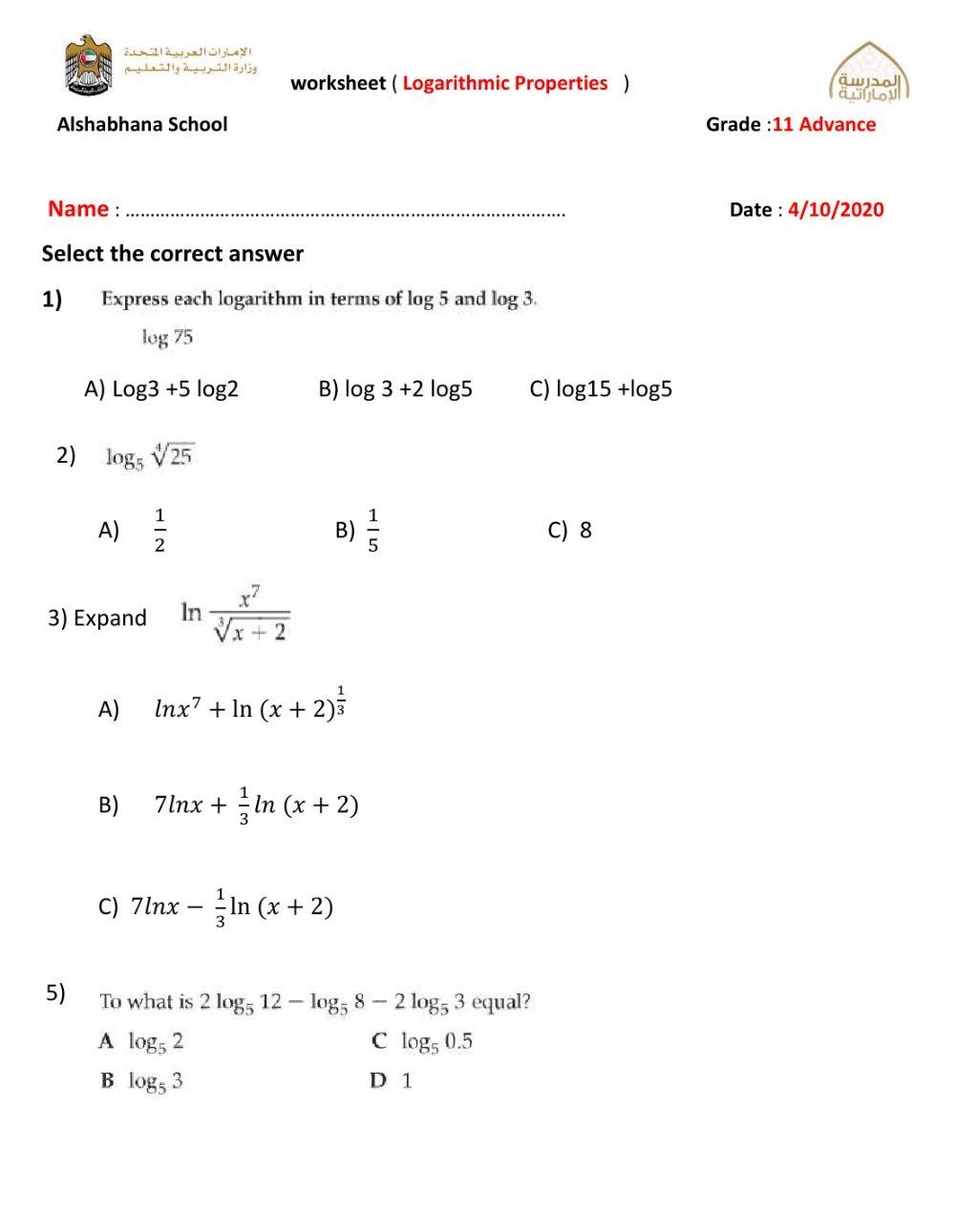 Logarithmic Properties Worksheet Live Worksheets Worksheets Library