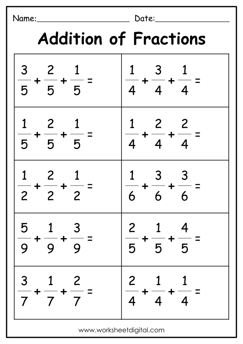 fractions addition worksheet