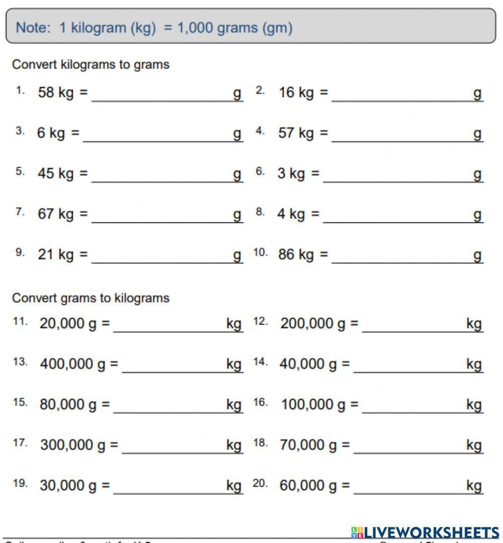 converting grams to kilograms worksheet