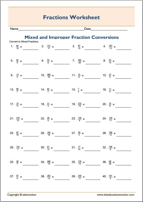 Mixed Fraction To Decimal Worksheet Improper Fractions Mixed 