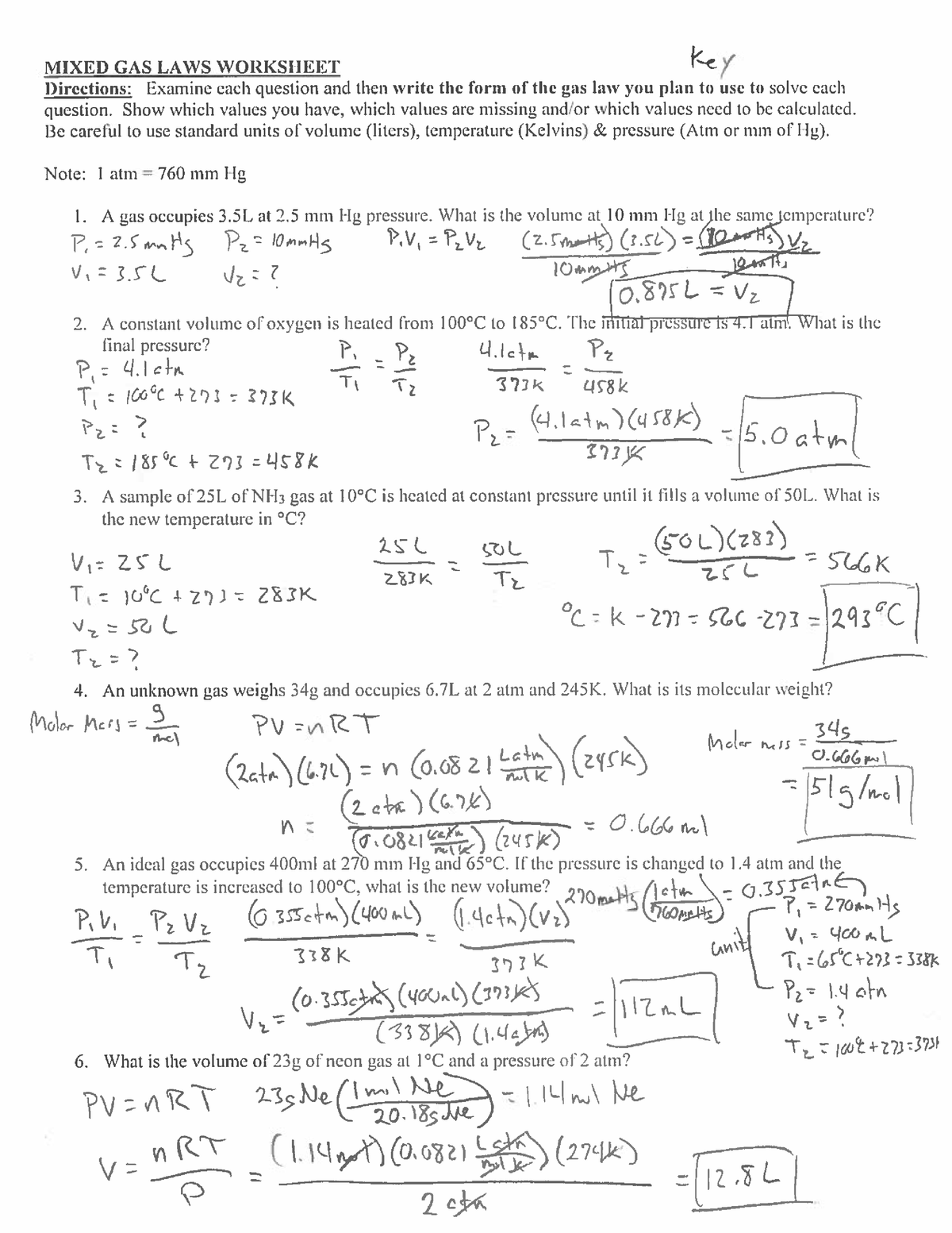 worksheet on gas laws