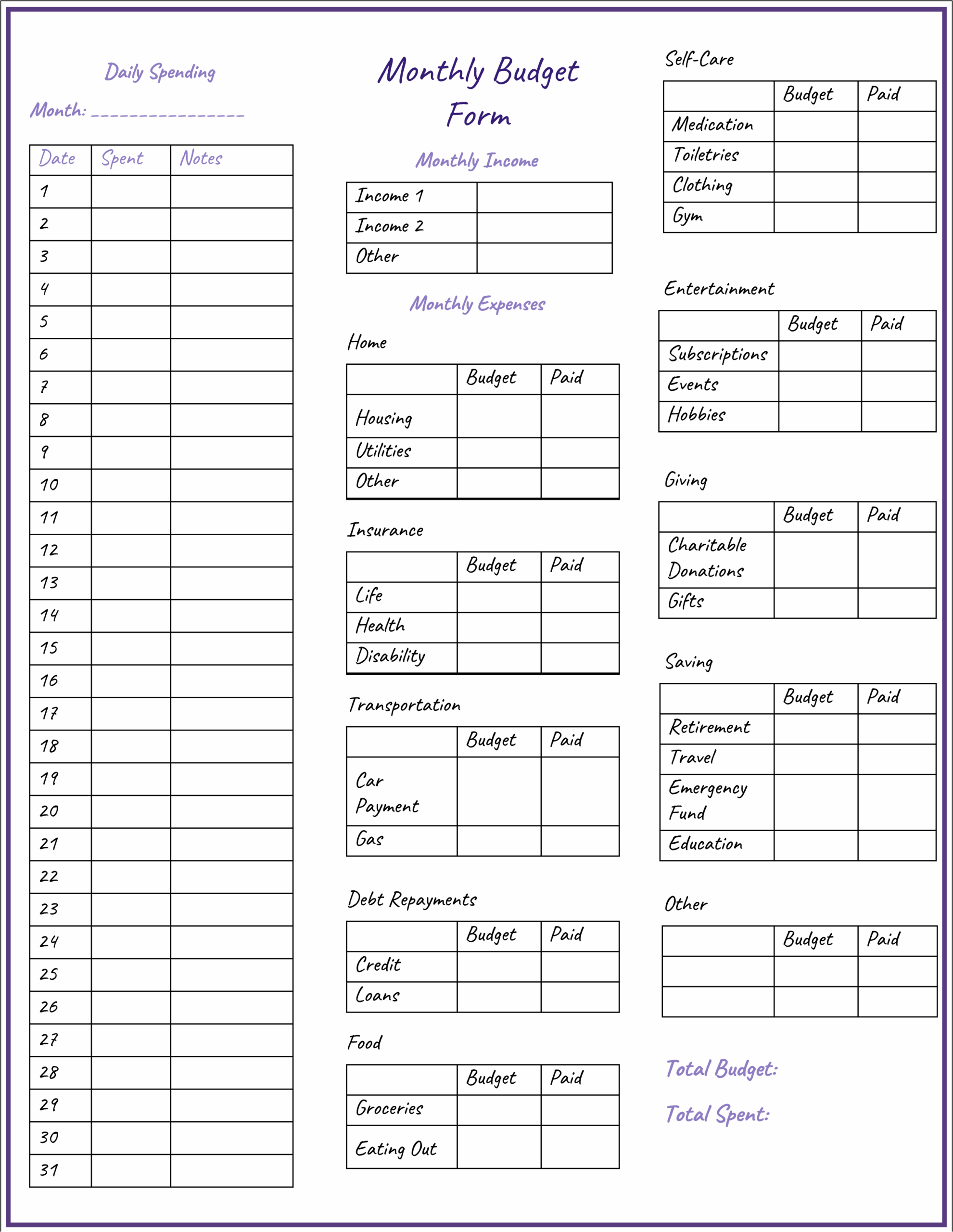 Monthly Budget Form Printable Printable Forms Free Online