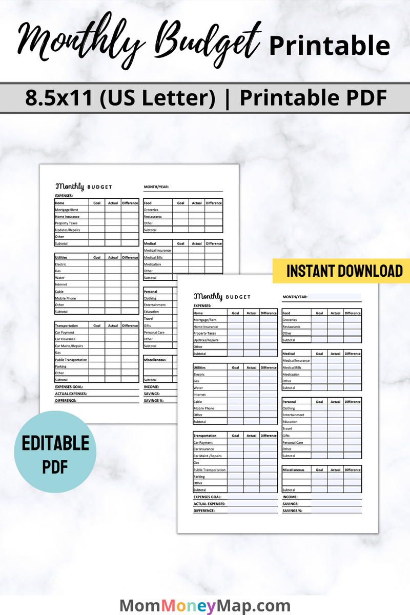 Monthly Budget Printable PDF Mom Money Map Worksheets Library