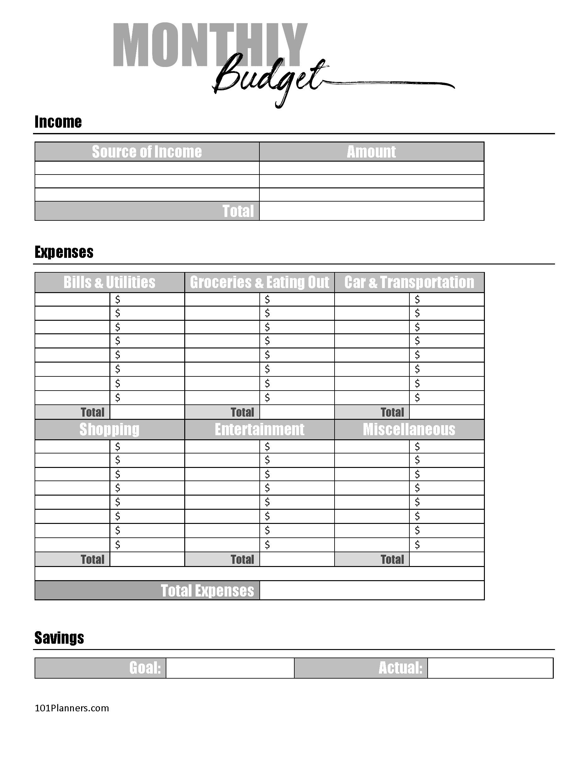 Monthly Budget Template Printable