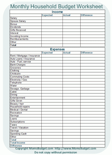 Monthly Household Budget Worksheet Moms Budget
