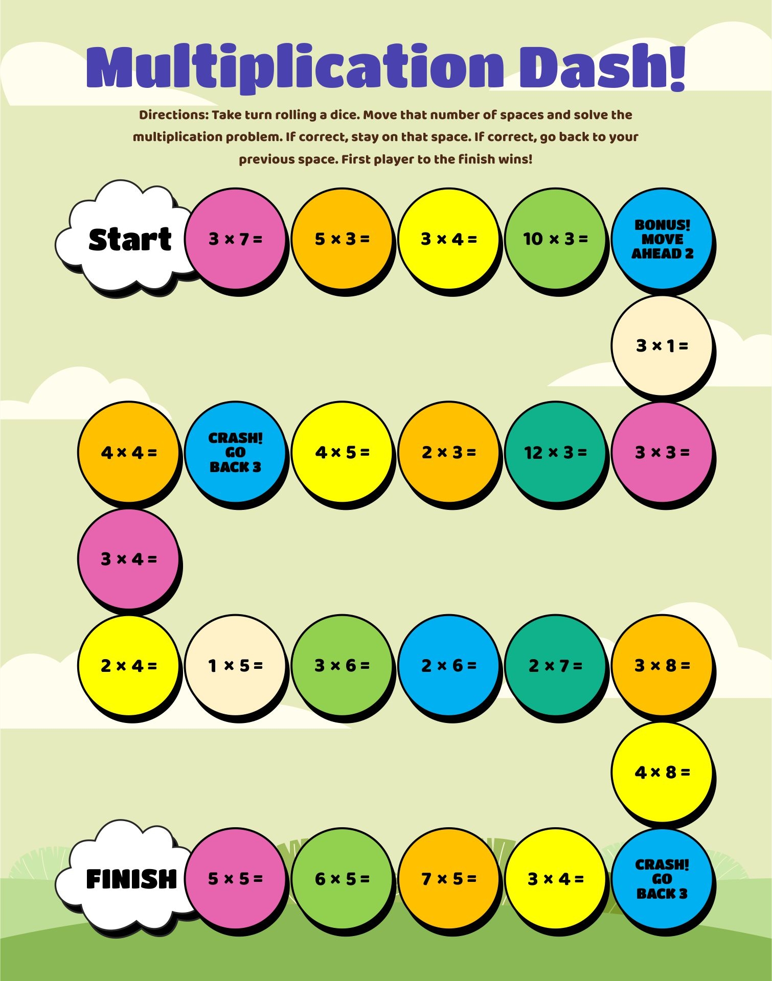 multiplication board game instructions printable