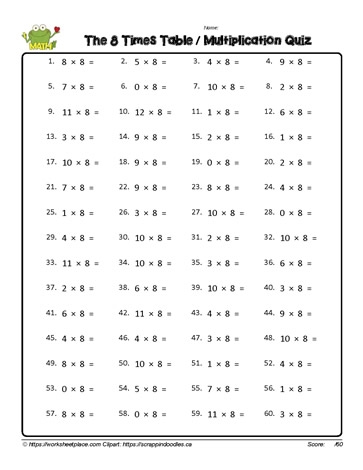 Multiplication Fact Worksheet For 8 Worksheets
