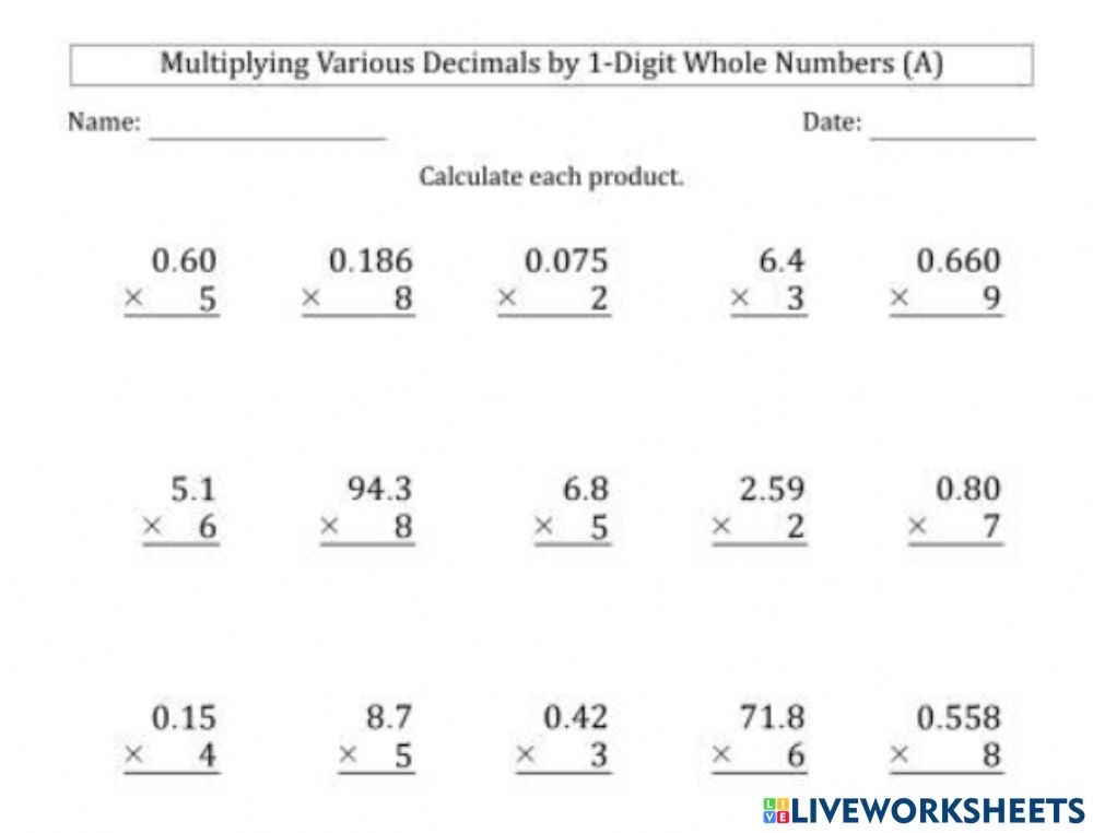 Multiply Whole Number And Decimal Worksheet Decimalworksheets