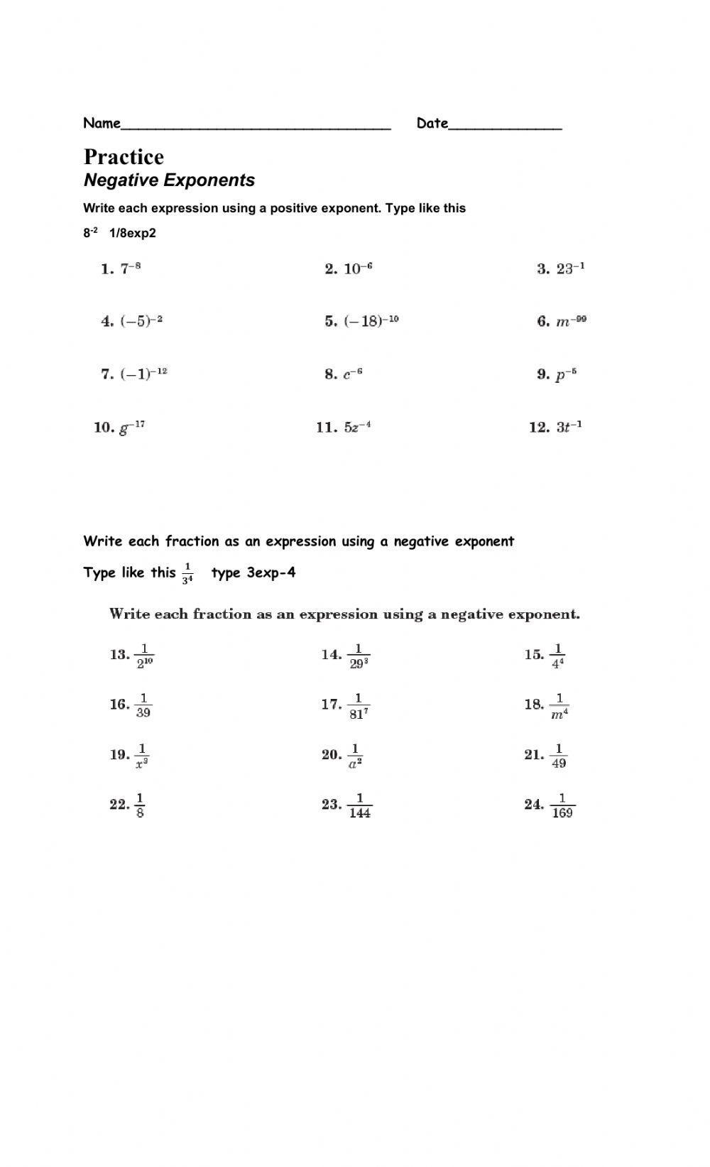 worksheets with negative exponents