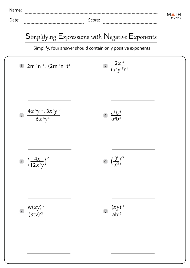 Negative Exponents Worksheets With Answer Key