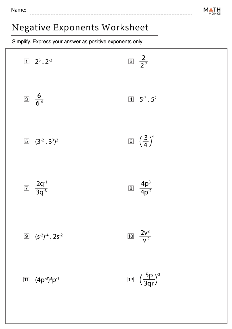 Negative Exponents Worksheets With Answer Key