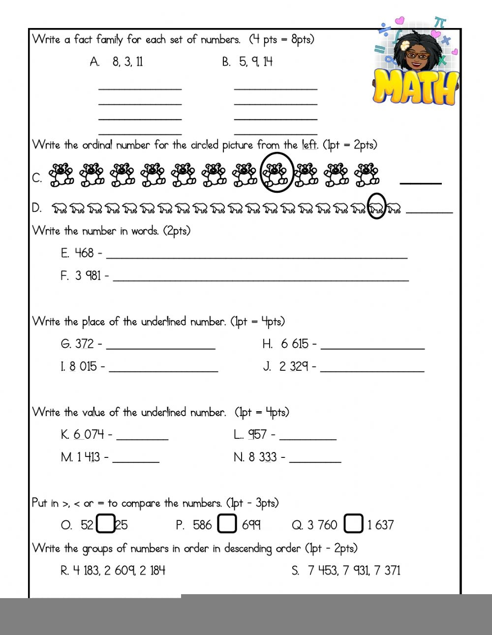 Octboer Math Activities For Grade 3 Math Skills Review For 3rd Grade 