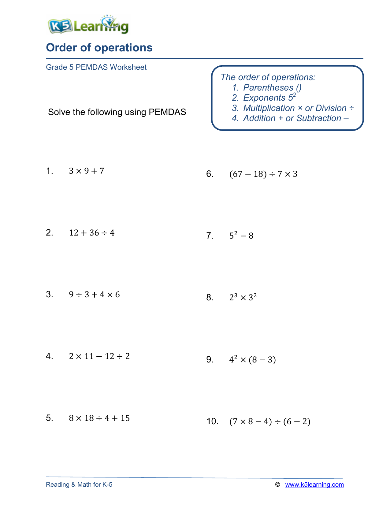 Order Of Operations Grade 5 Pemdas Worksheet Answers Order Of