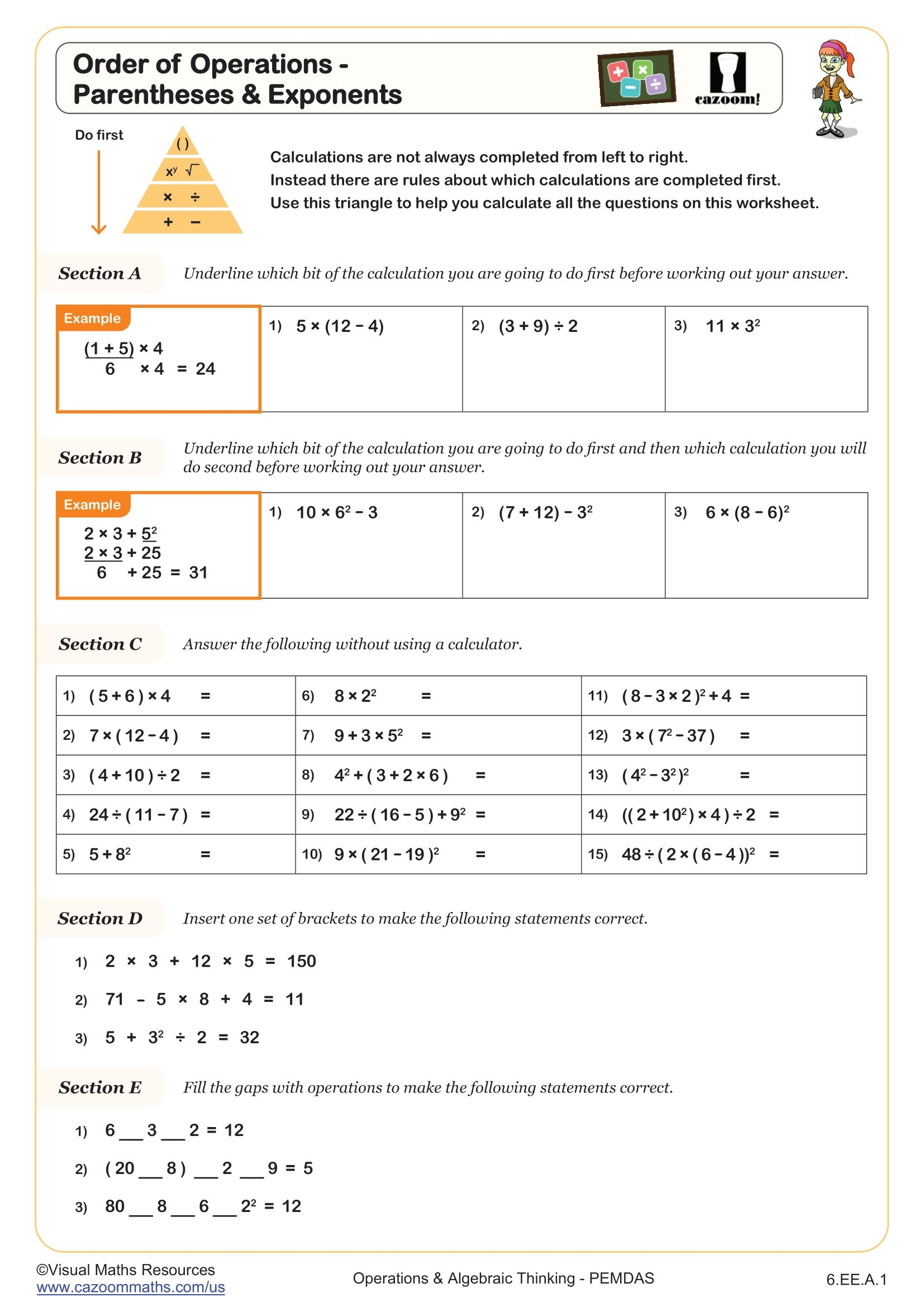 Order Of Operations Parentheses Exponents Worksheet 6th 