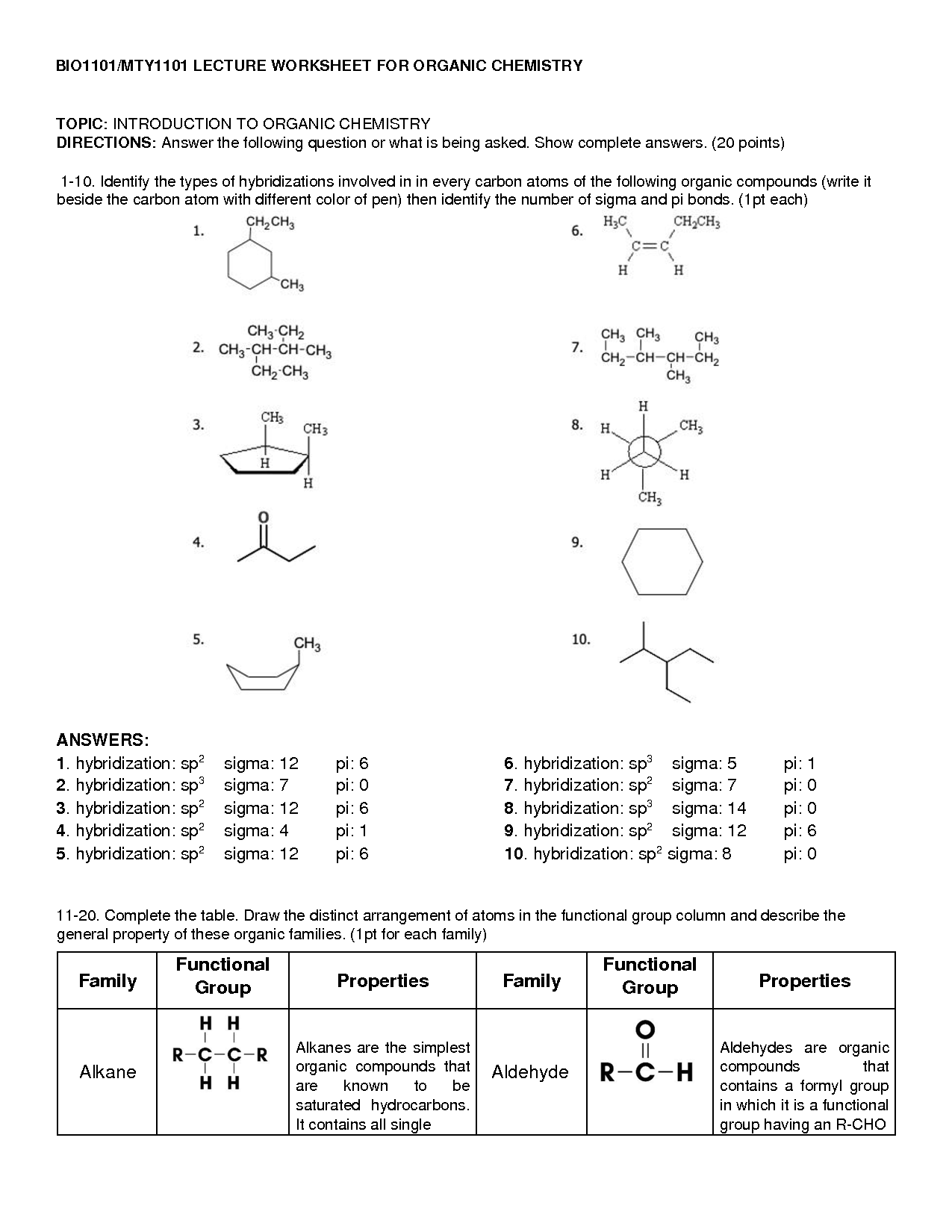 Organic Chemistry Practice Problems Worksheet For Higher Ed
