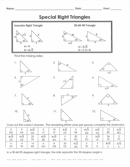 worksheet special right triangles