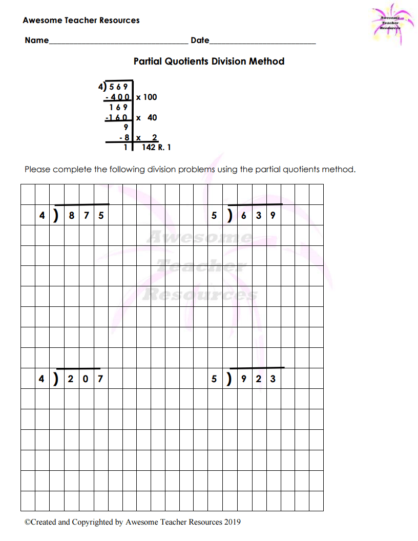 Partial Quotients Division Worksheets Partial Quotient Division