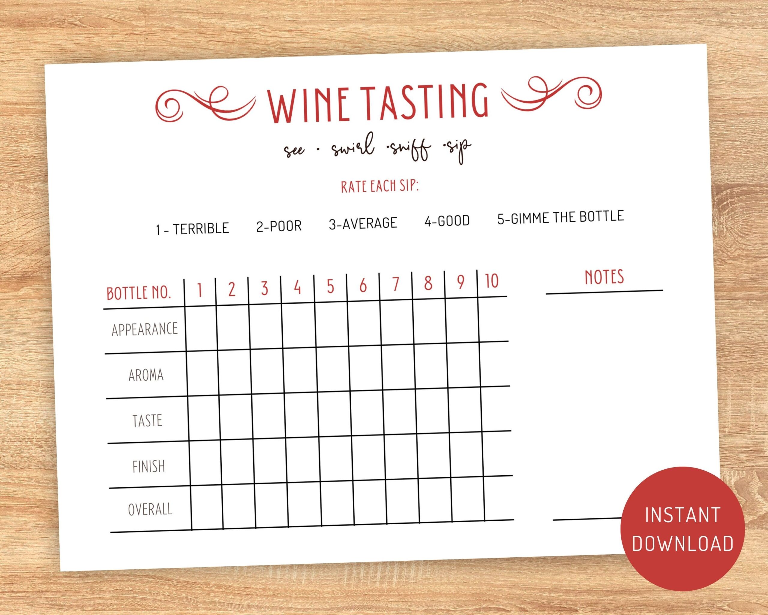 Party Kit Party Ideas Wine Tasting Card Wine Ratings Adult Birthday 