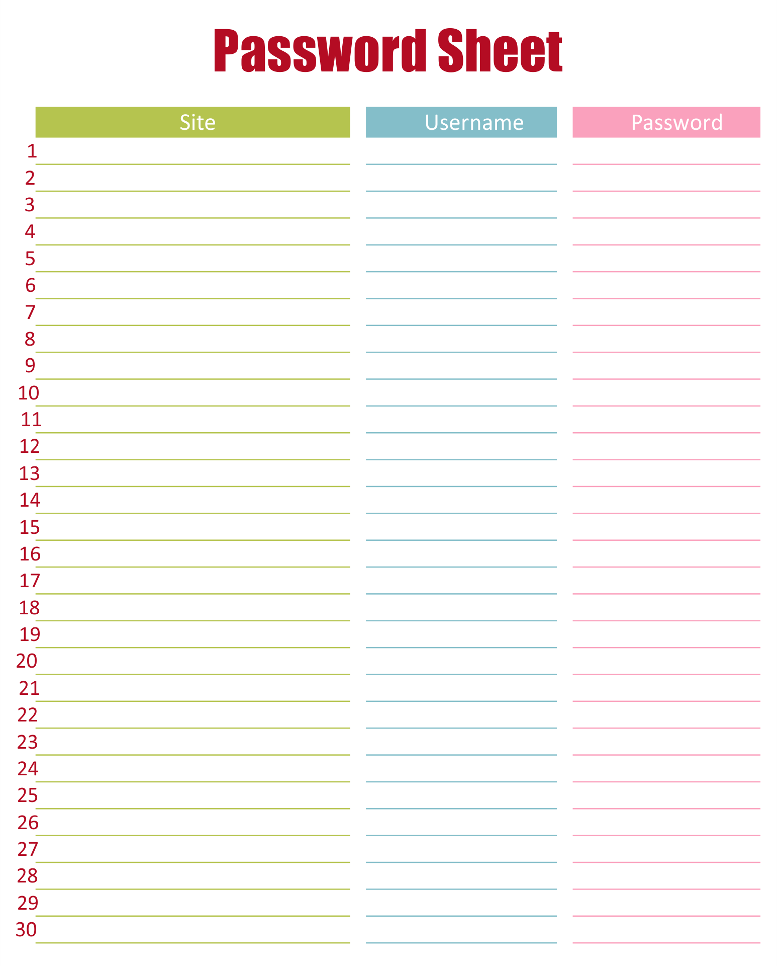 free printable password sheets