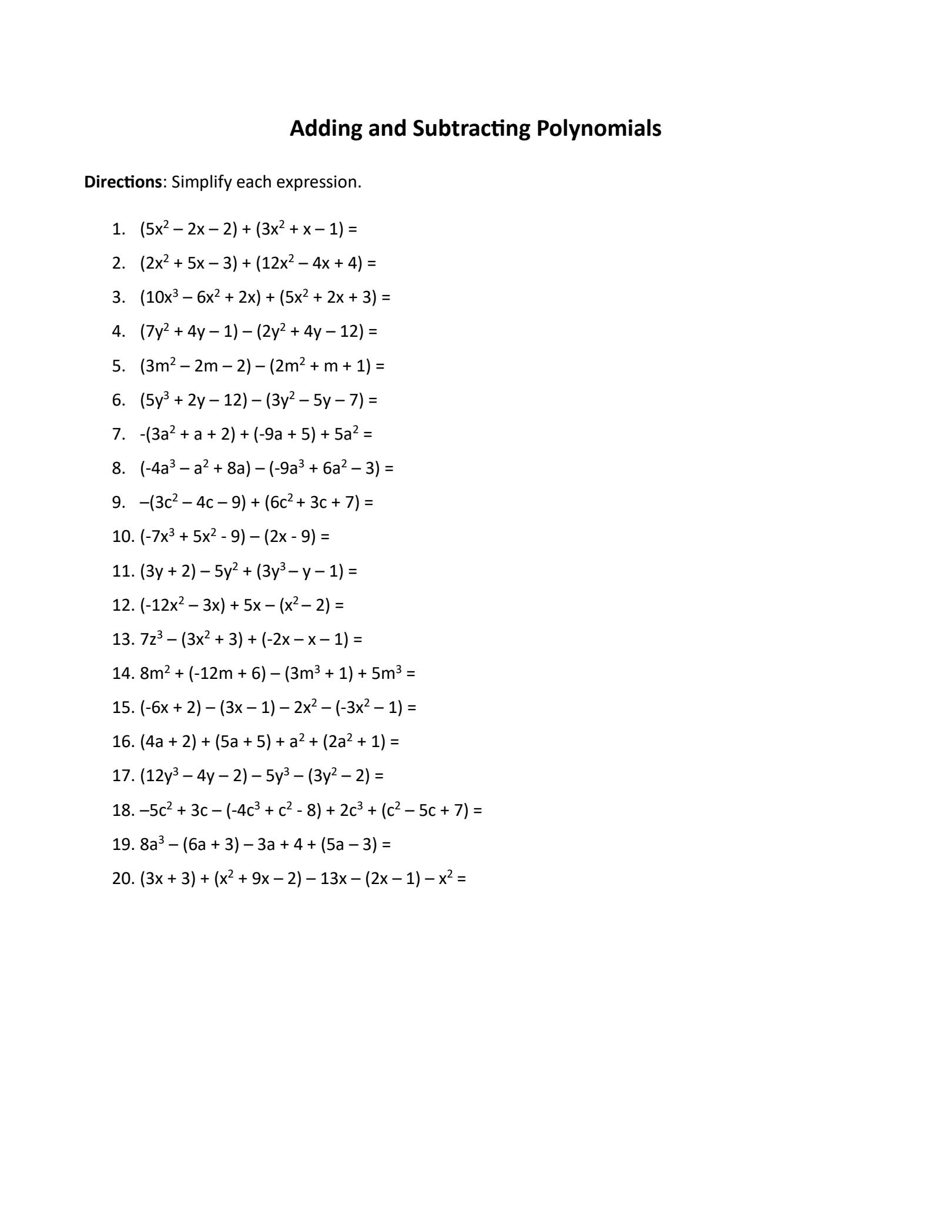 Polynomial Worksheets Addition Worksheets Library