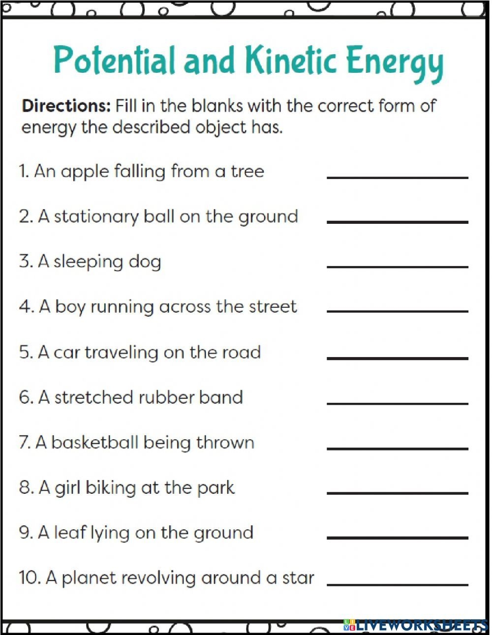 Potential Vs Kinetic Energy Classroom Worksheet