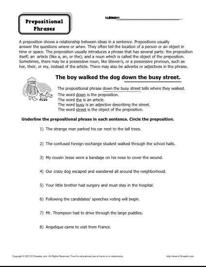 worksheet prepositional phrases