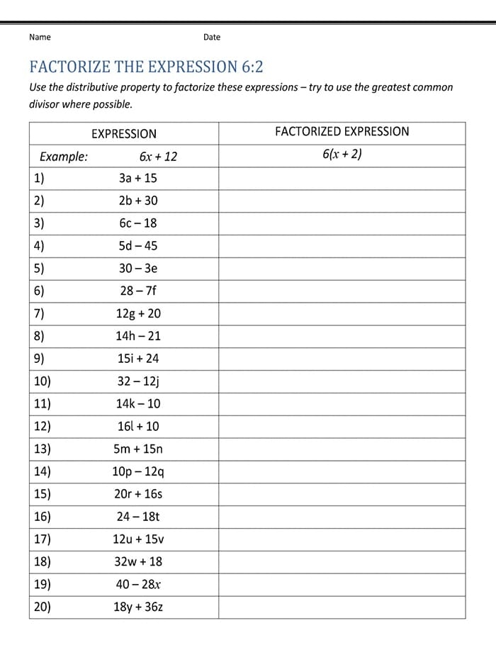 Printable 6th Grade Distributive Property Worksheet Free Download And
