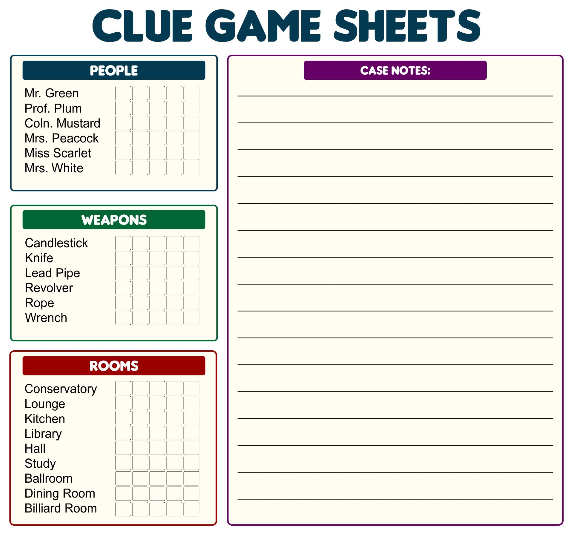 printable clue board game score sheets