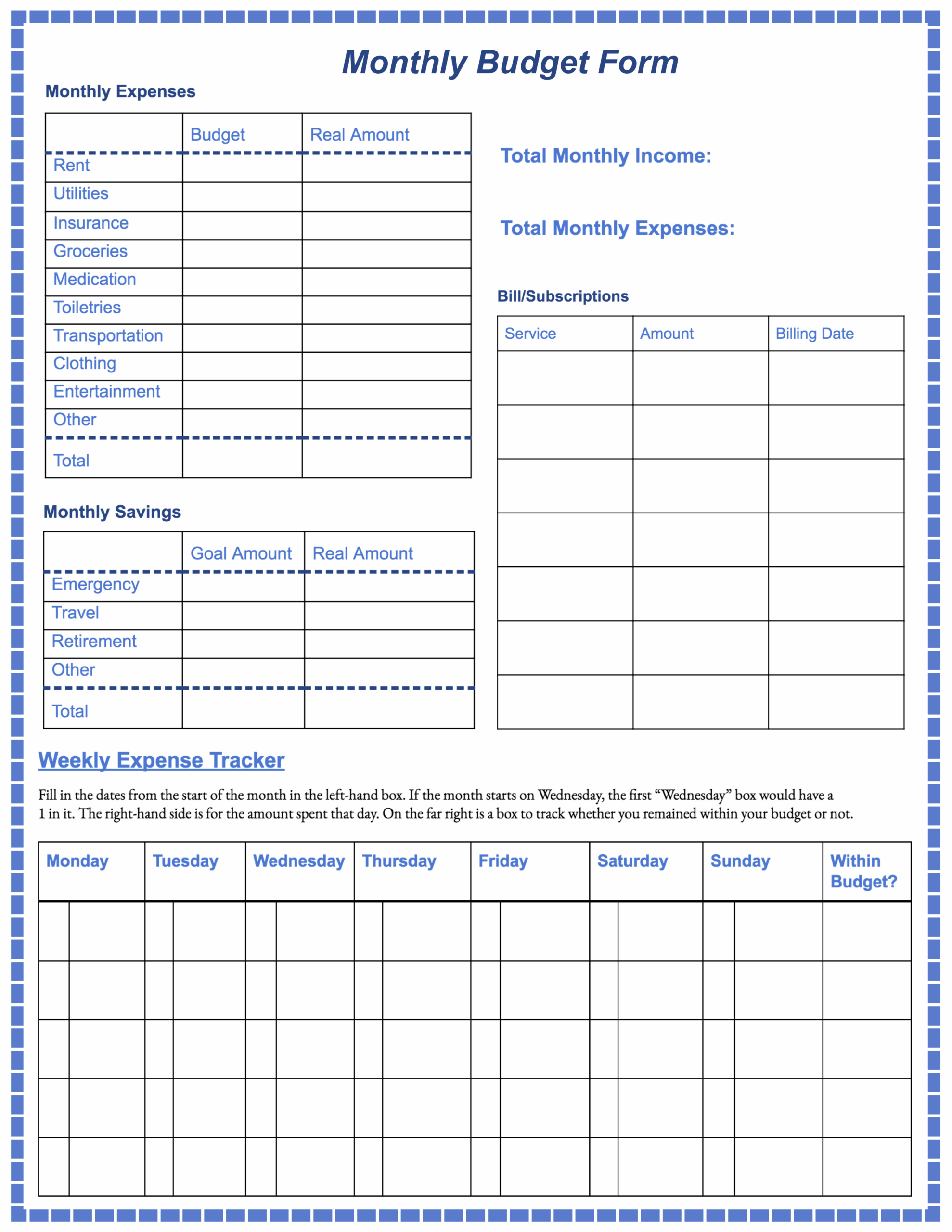 Printable Budget Form Calendar Printables