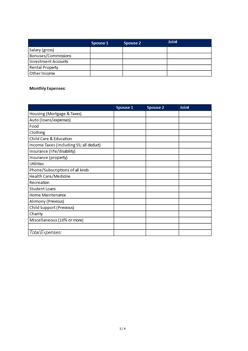 Printable Divorce Asset Worksheet