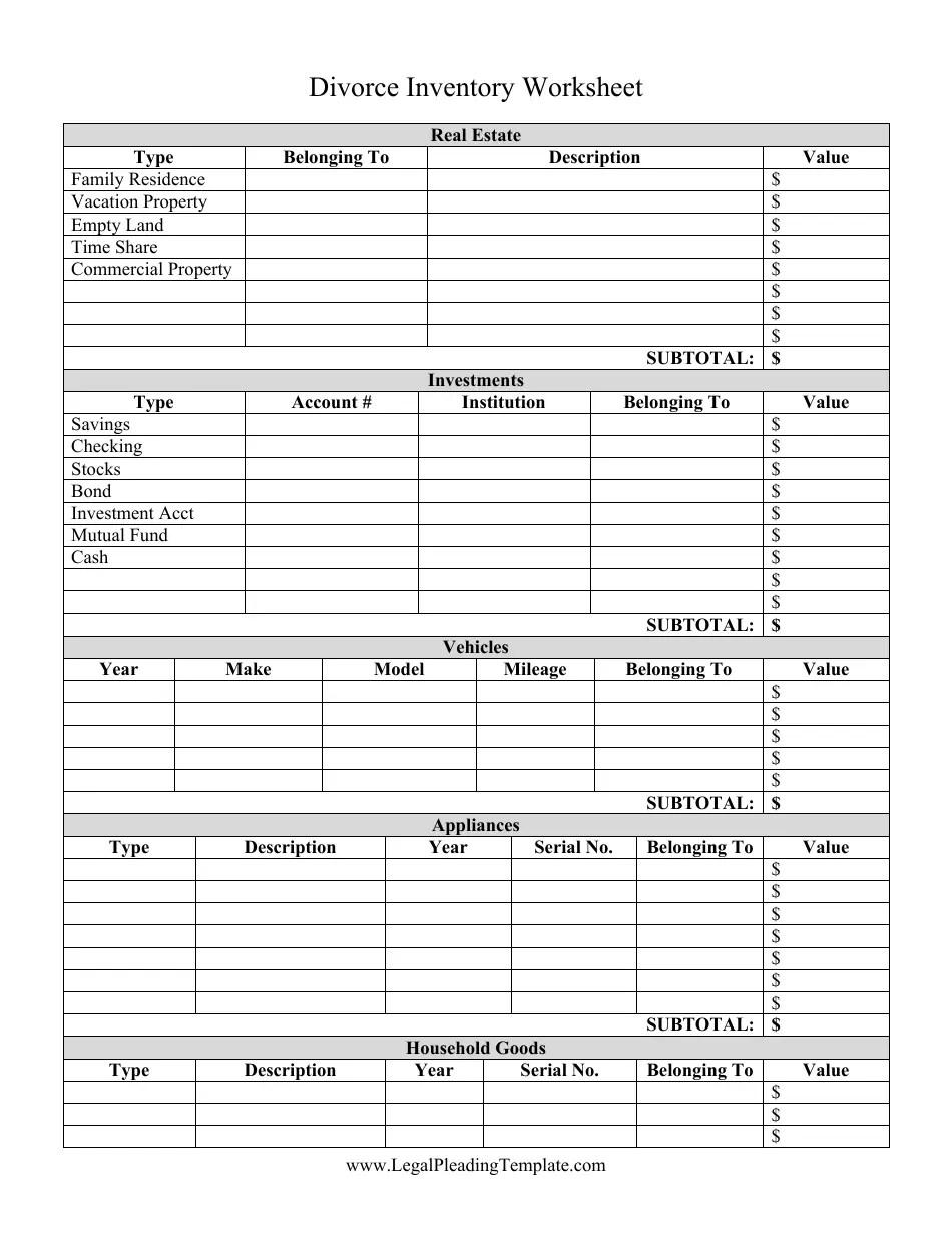 Printable Divorce Asset Worksheet