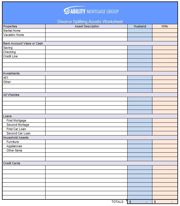 divorce asset worksheet