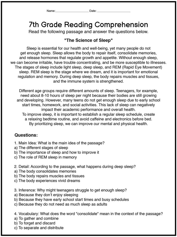 Printable English Worksheets 7th Grade Comprehension Reading