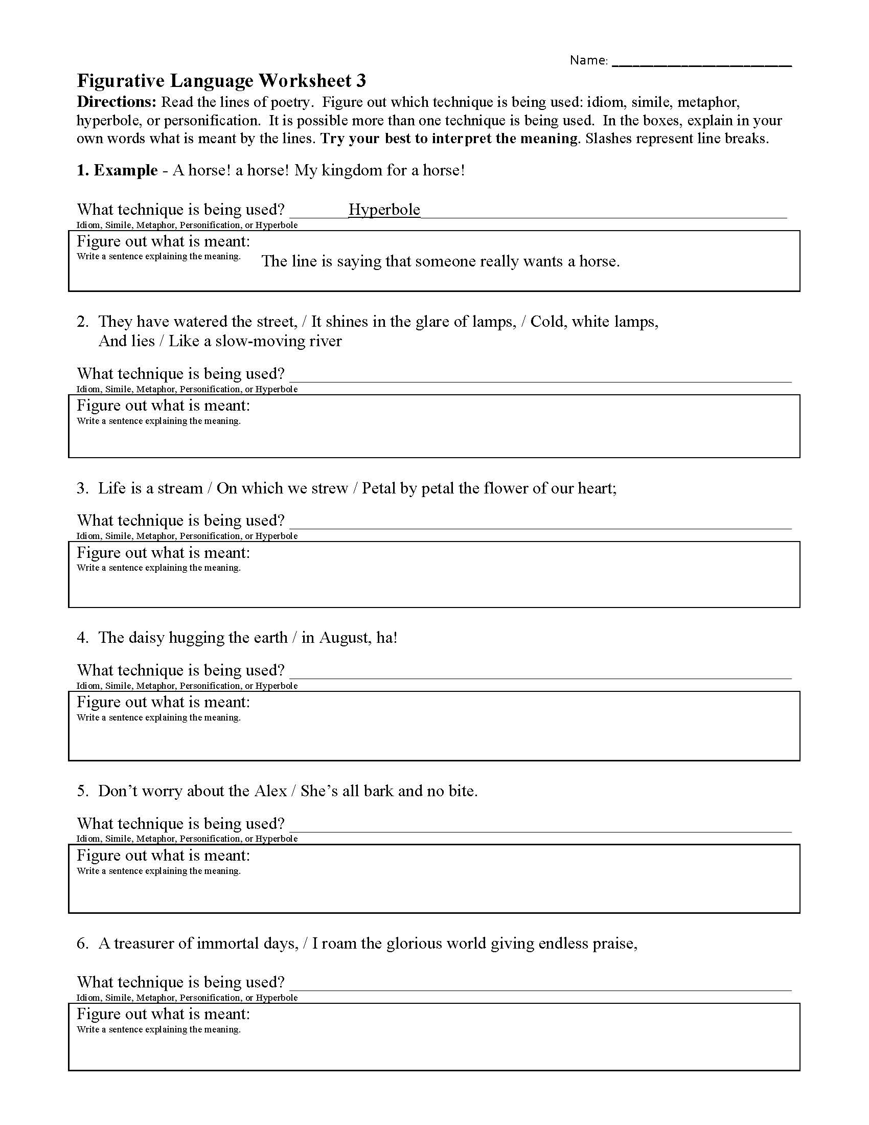 Printable Figurative Language Worksheets Language Worksheets