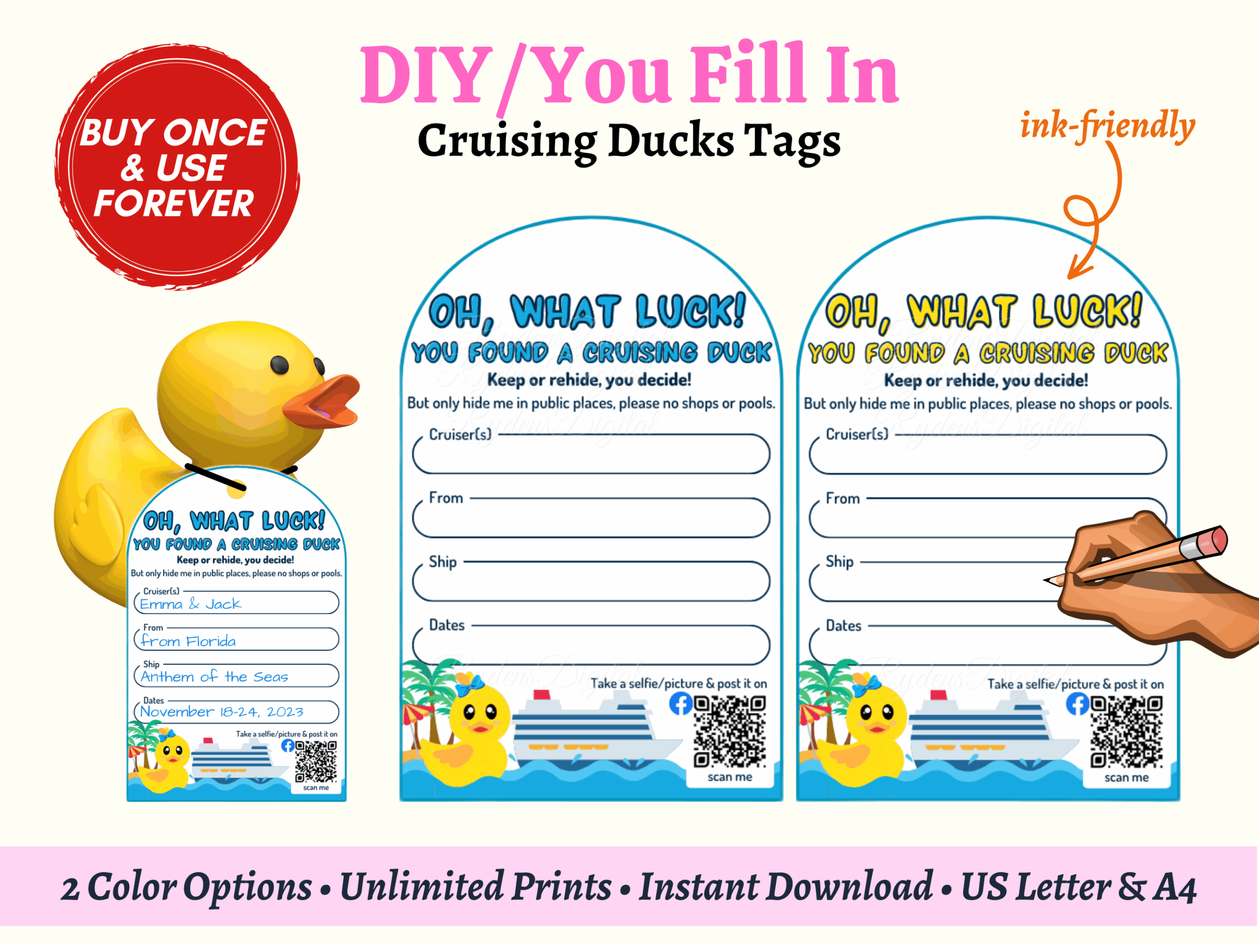 Printable Ink Friendly Cruising Duck Tags You Fill In Digitally