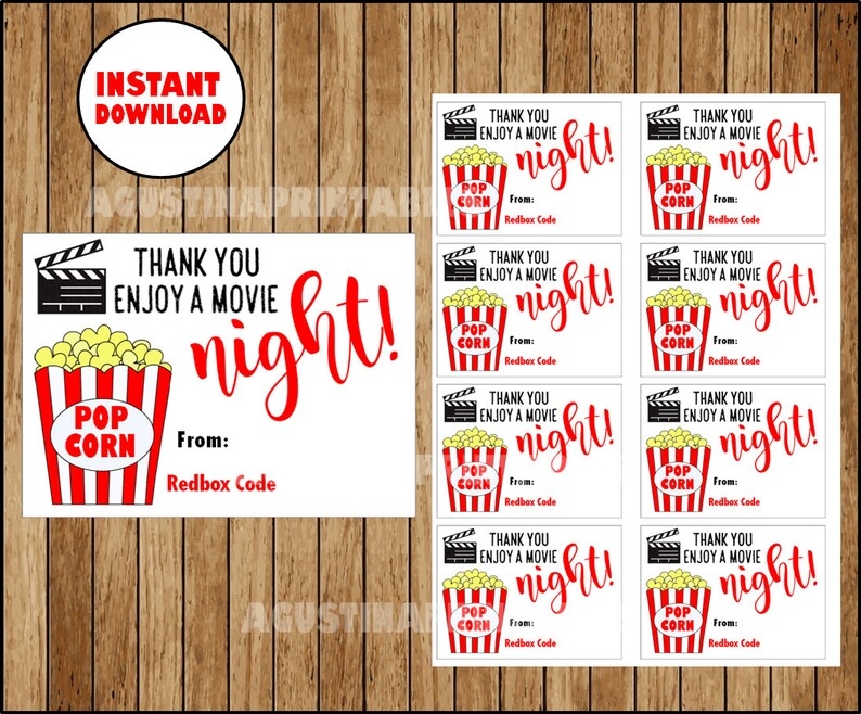 Printable Redbox Gift Card Redbox Enjoy A Movie Night Cards Etsy