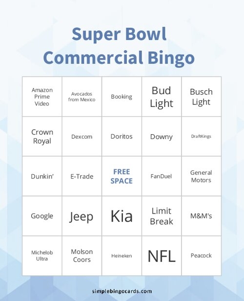 super bowl commercial bingo cards printable