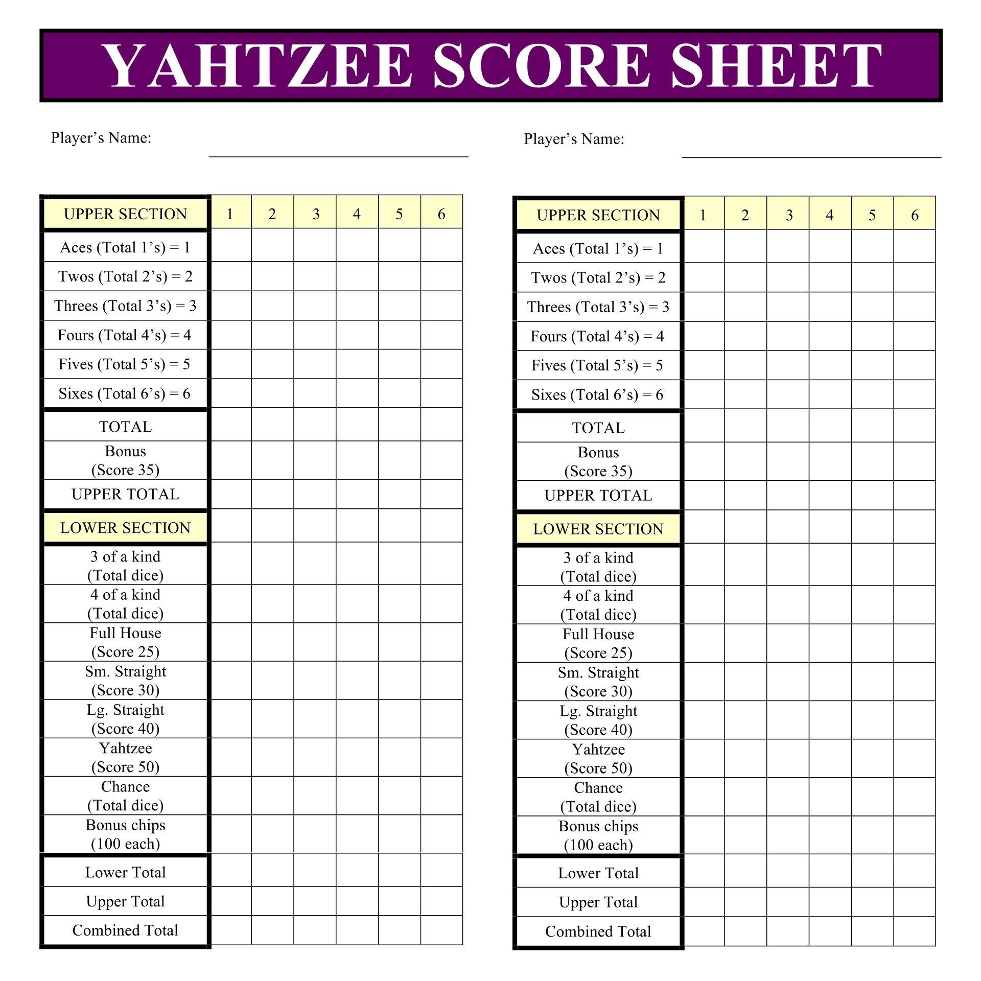 Printable Yardzee Score Card Printable Word Searches