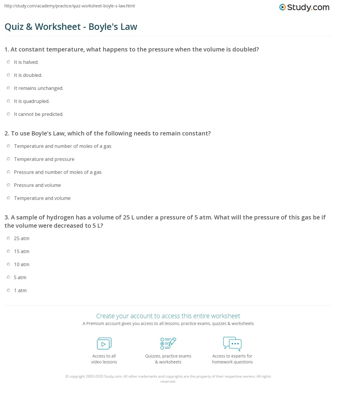 Quiz Worksheet Boyle 39 s Law Study