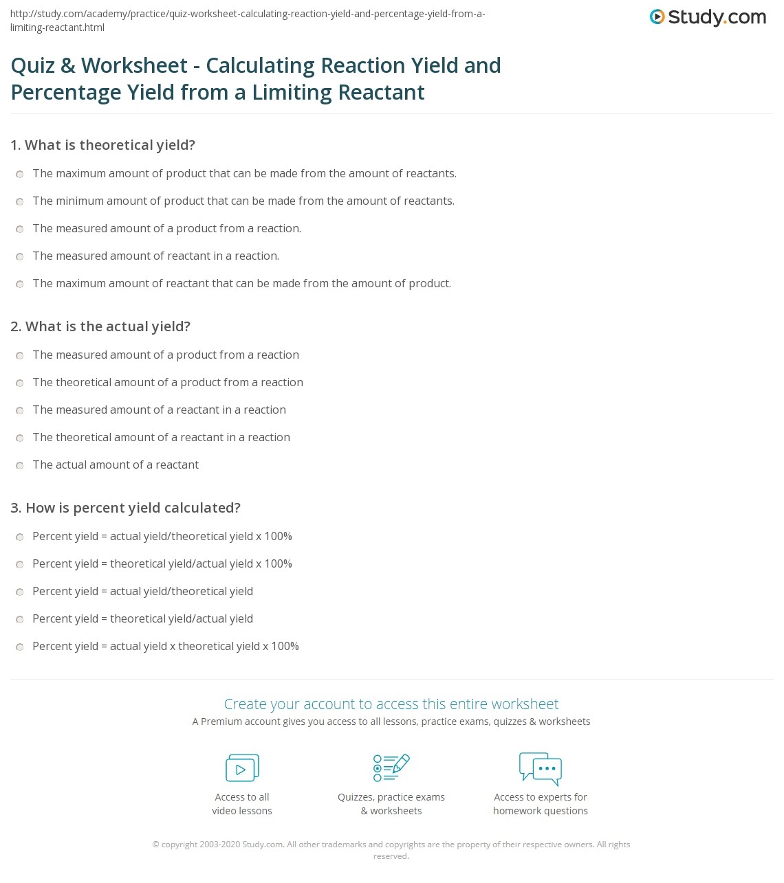 Quiz Worksheet Calculating Reaction Yield And Percentage Yield From 