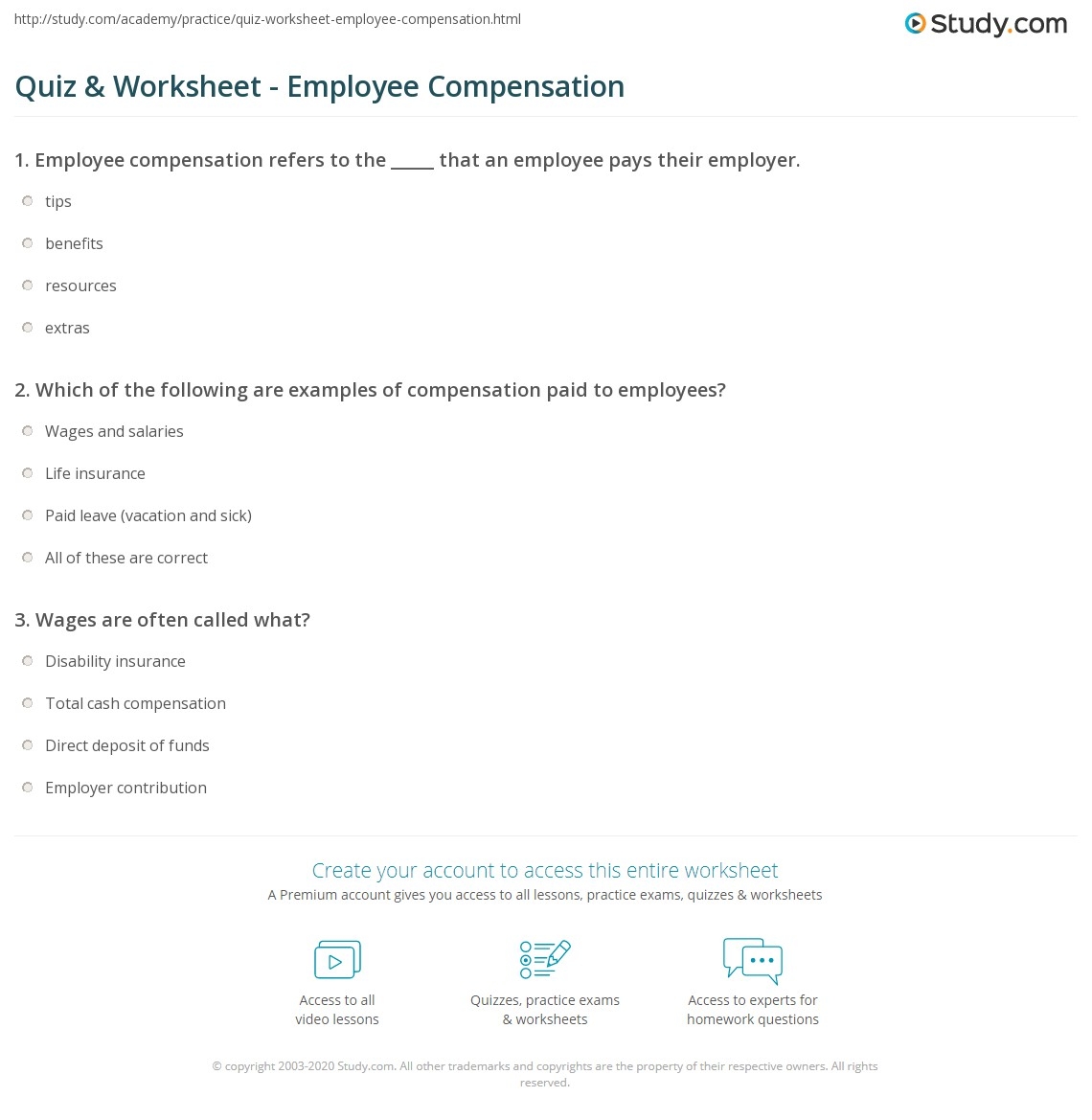 Quiz Worksheet Employee Compensation Study