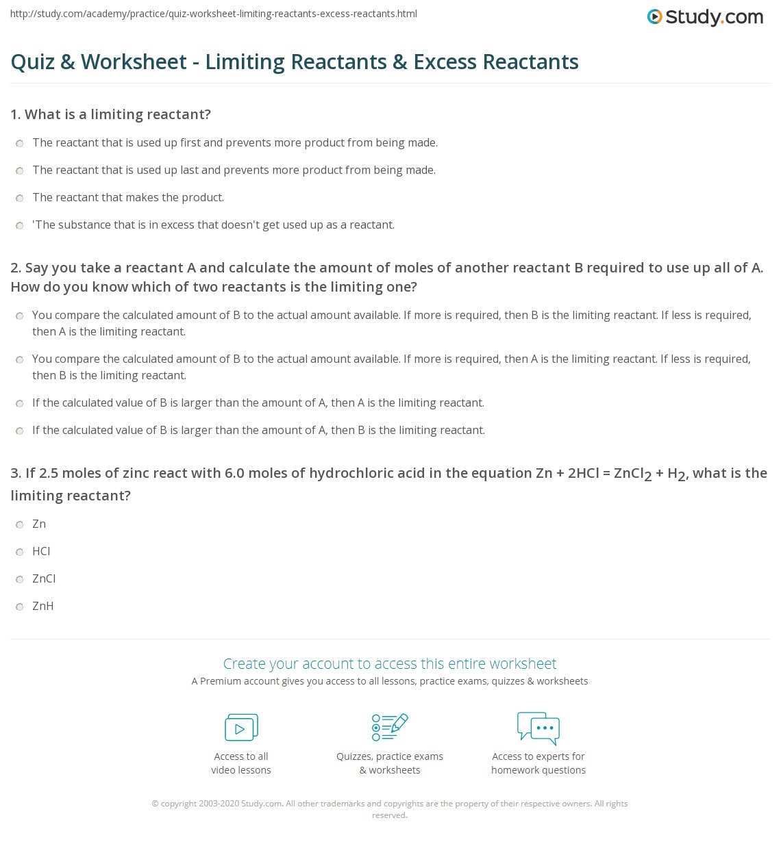 worksheet on limiting reactants