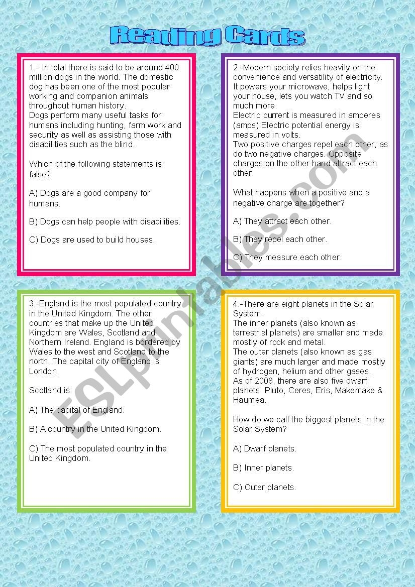 Reading Comprehension Cards ESL Worksheet By Tendergirl21