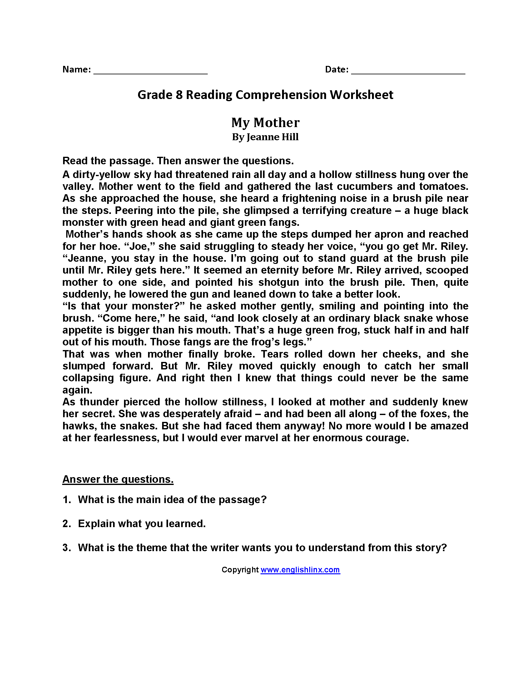 8th grade reading comprehension worksheets