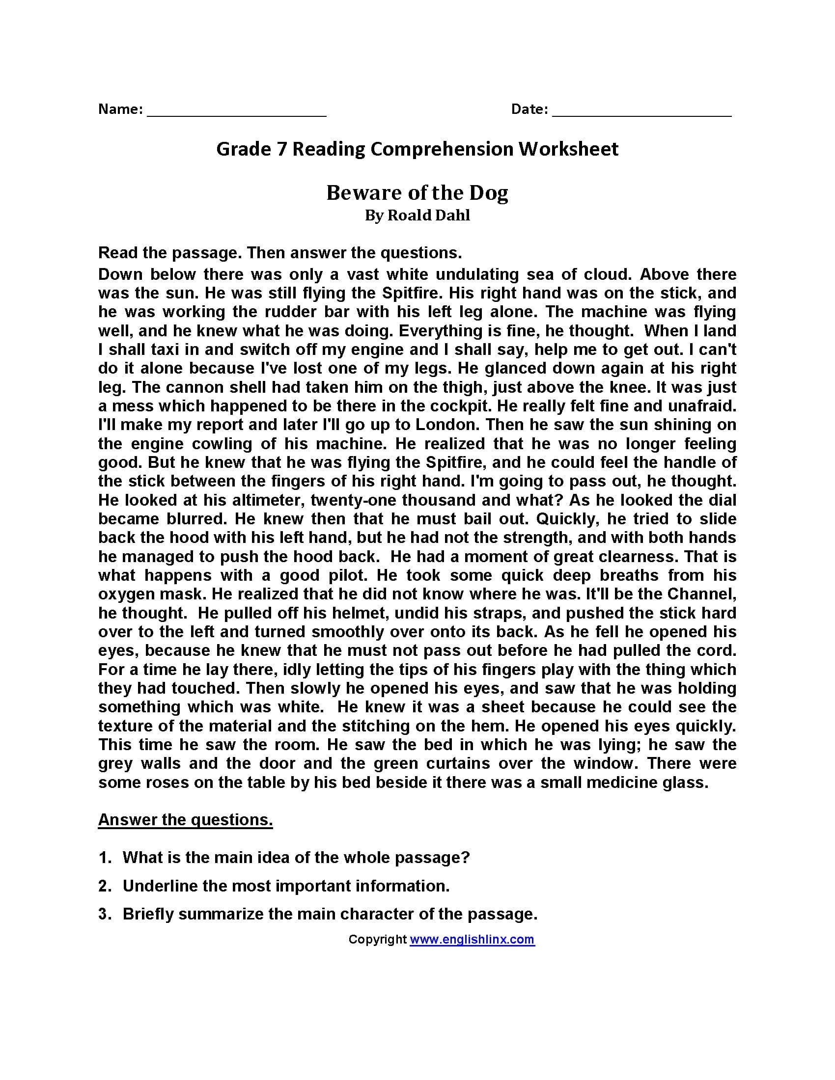 7th grade reading comprehension worksheets