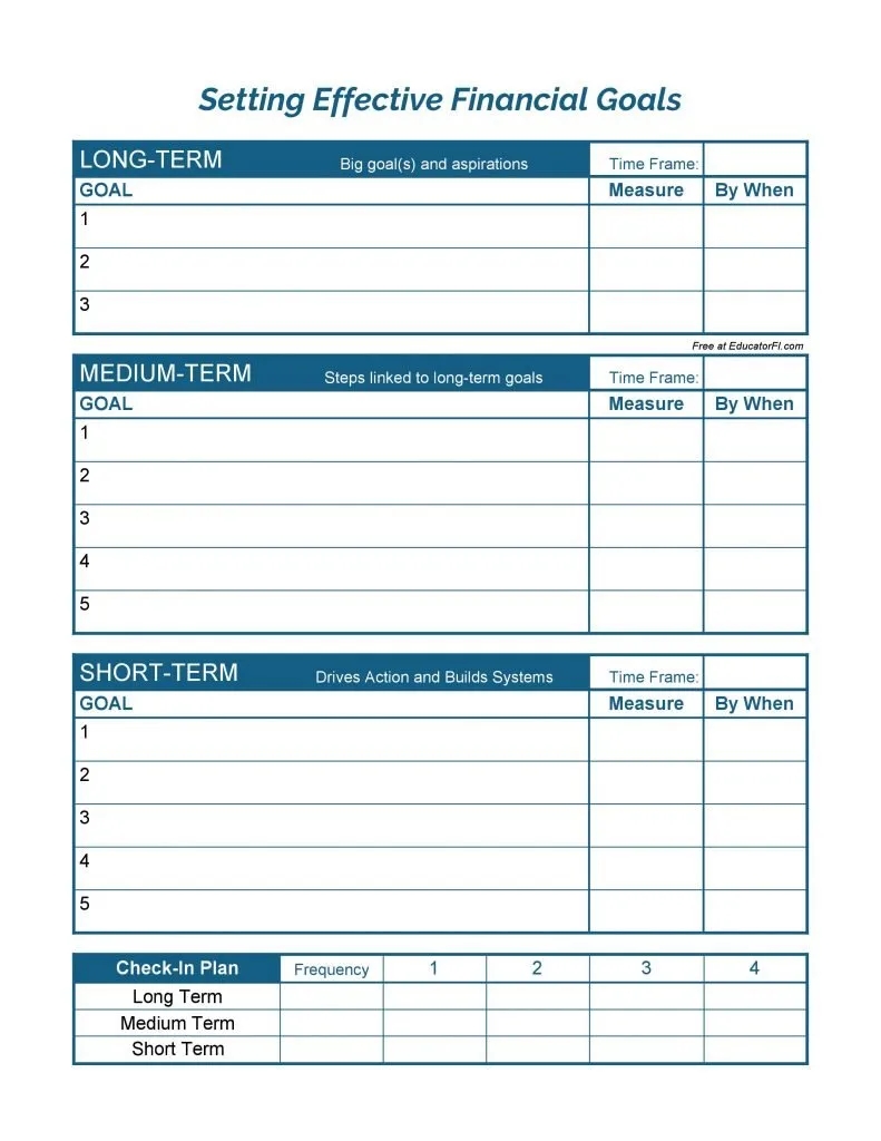 financial goals worksheet
